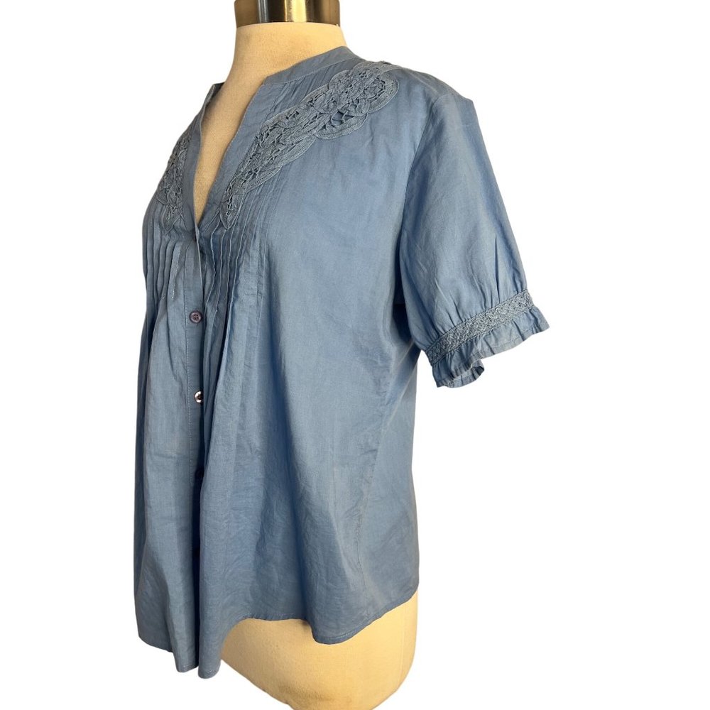 Take two clothing company blouse 14 blue short sleeve V-neck cotton button up - Picture 4 of 16